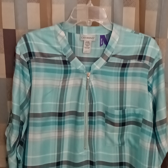 NWT CATHERINES teal white & black plaid quarter sleeve blouse w zipper Sz 2WP - Picture 2 of 5